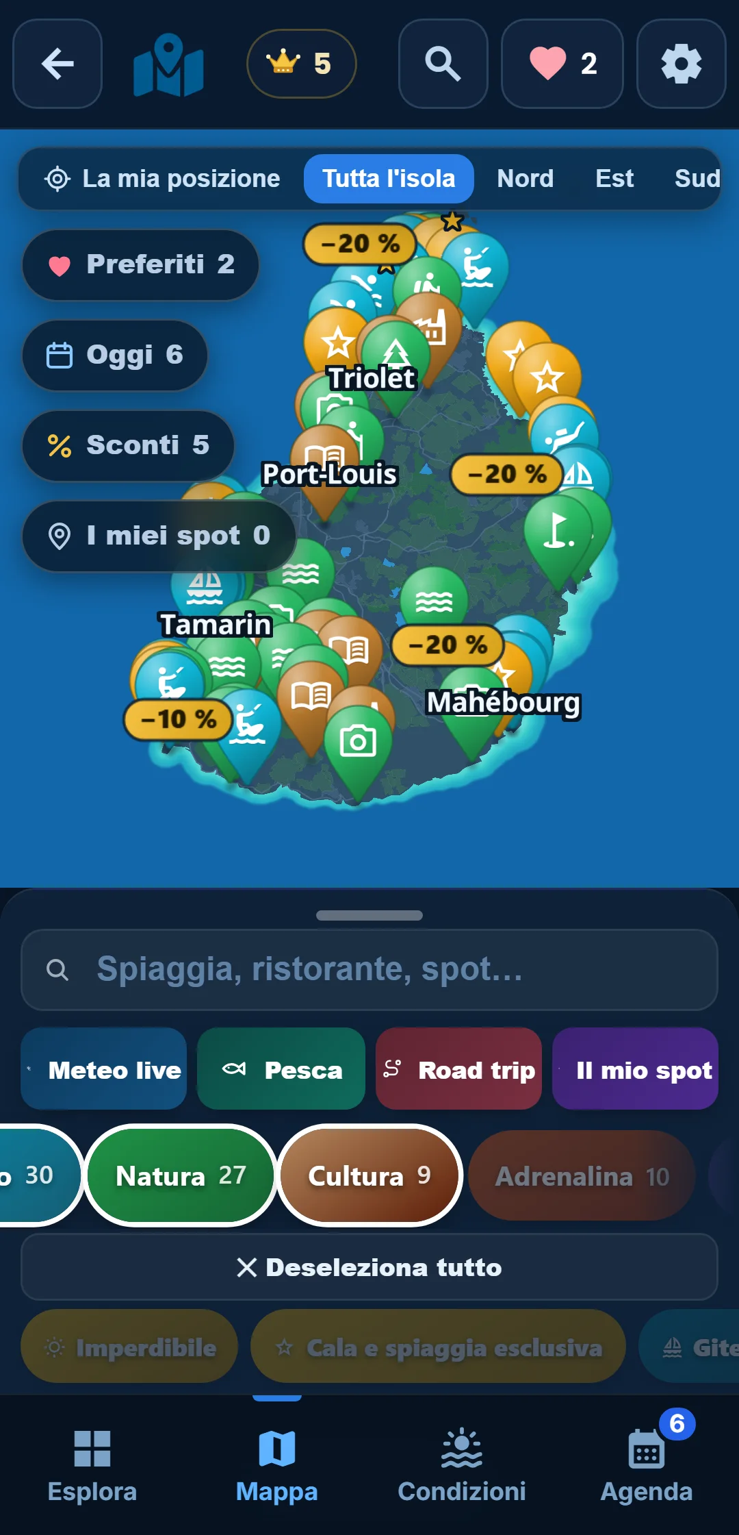 Sottocategorie — Ogni categoria si apre: in « Oceano », tieni solo lo snorkeling.
