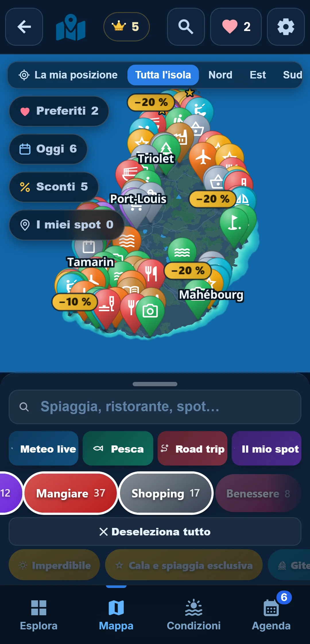 Sottocategorie — Ogni categoria si apre: in « Oceano », tieni solo lo snorkeling.