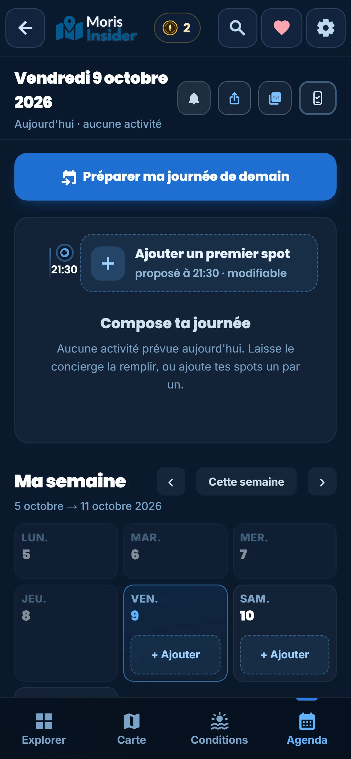 Lekran lazanda laplikasion Moris Insider enn vandredi swar, ar bouton ble pou prepar zourne demin