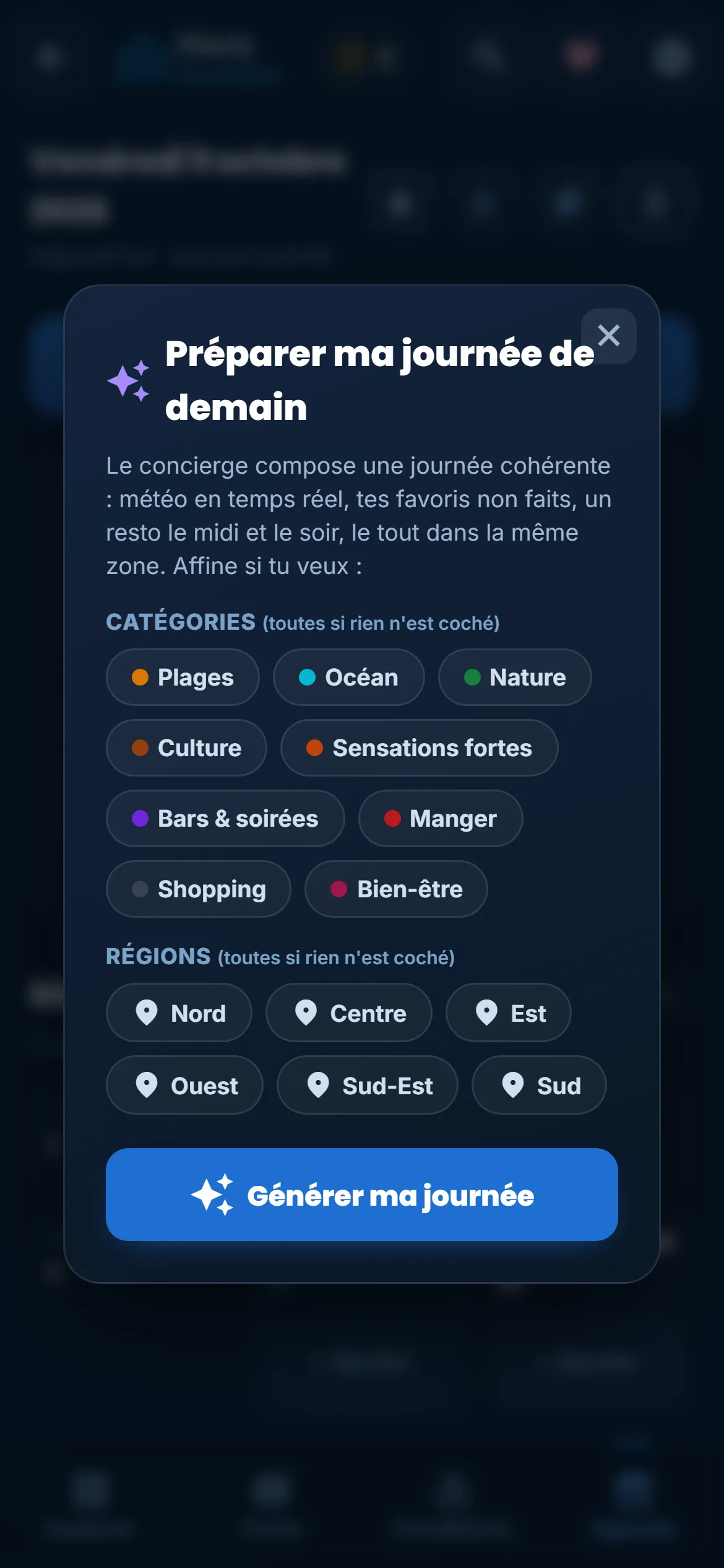 Fenet laplikasion pou konpoz zourne-la, ar filtr par kategori ek par rezion ek bouton Fer mo zourne
