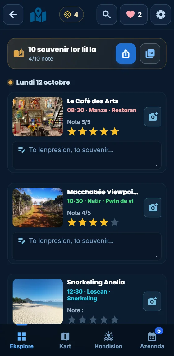 Karne vwayaz : to bann souvenir note dan app la