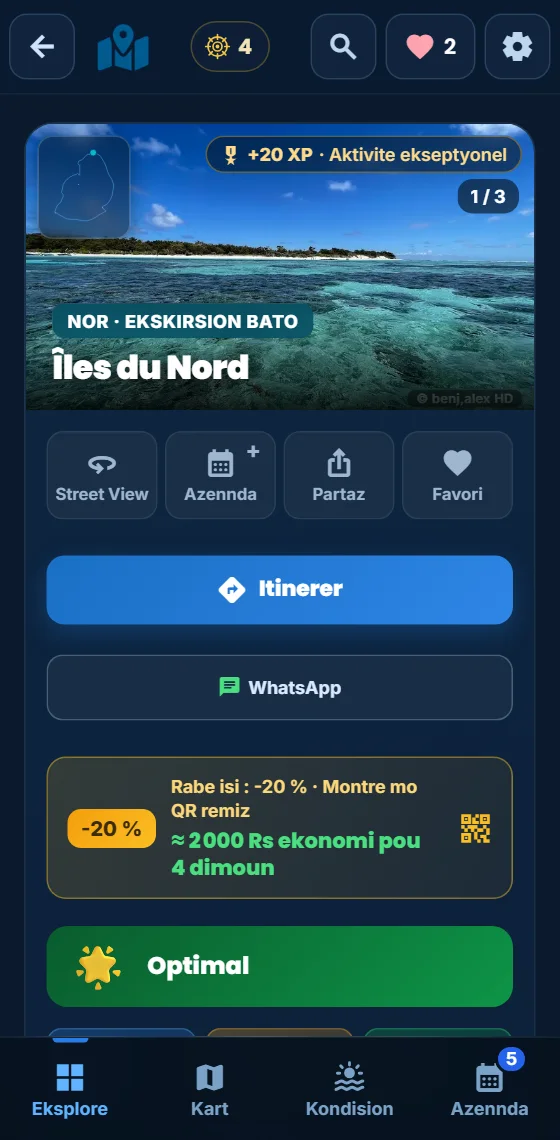 Enn eskursion lor bann zil dinor dan laplikasion Moris Insider, ar so remiz partner −20 %