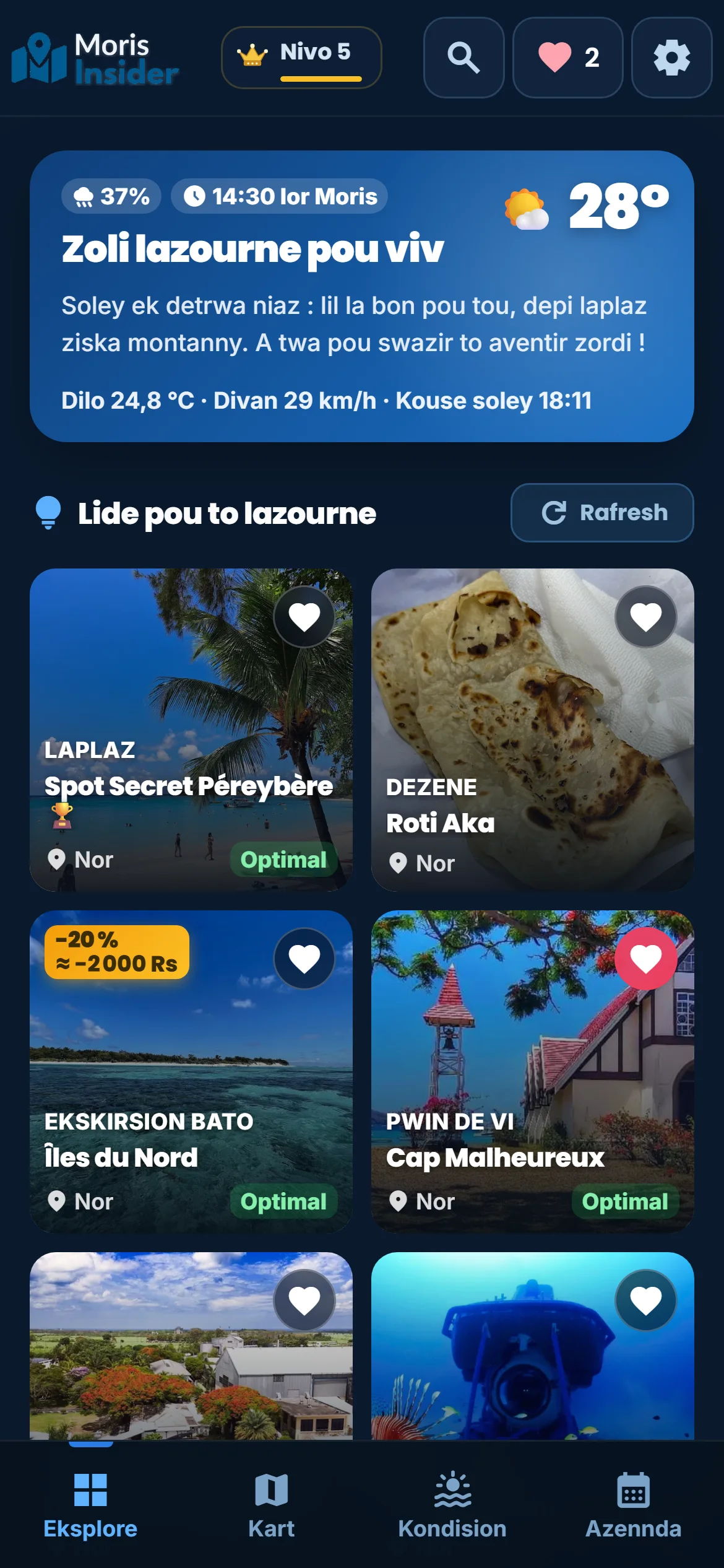 Mo zourne — Toule gramatin, app la get lameteo ek propoz twa bann lide : kot pou ale, ki pou fer, a ki ler.