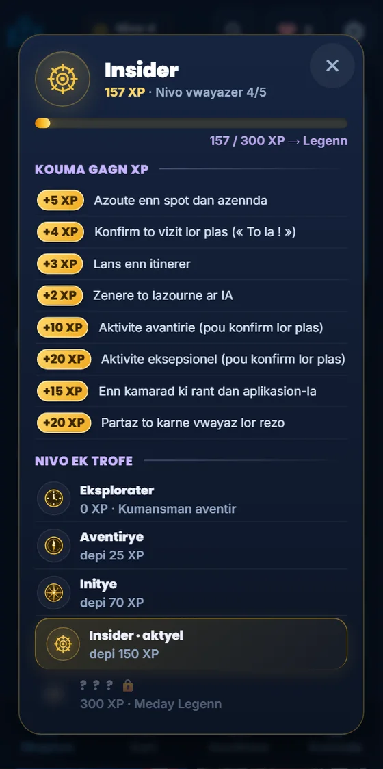 To bann nivo ek to progre XP dan app Moris Insider