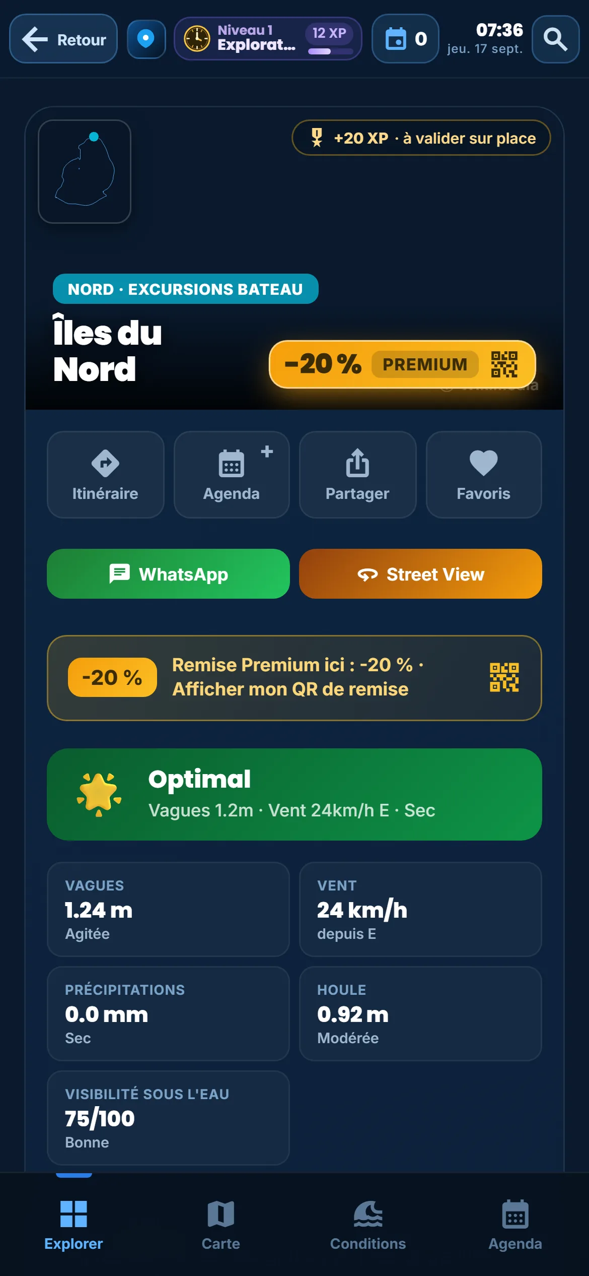 Fis Îles du Nord dan app-la ar mark doure mwins 20 poursan Premium ek bar Rabe Premium isi, montre mo QR rabe