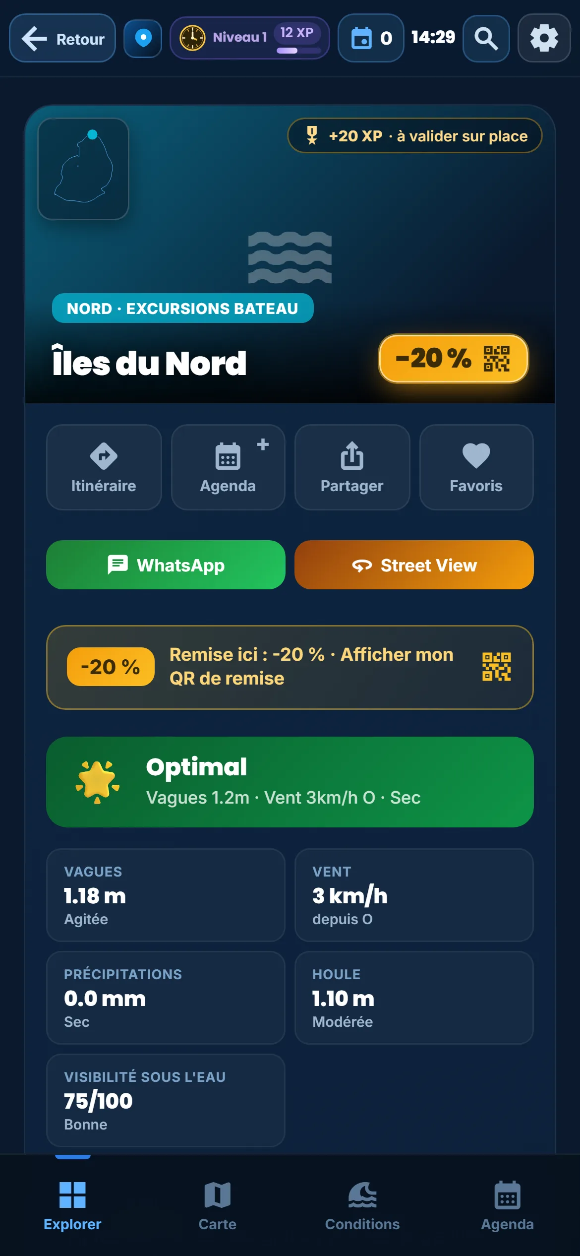 Карточка Îles du Nord в приложении с золотым значком минус 20 процентов и полосой Скидка здесь, показать мой QR-код