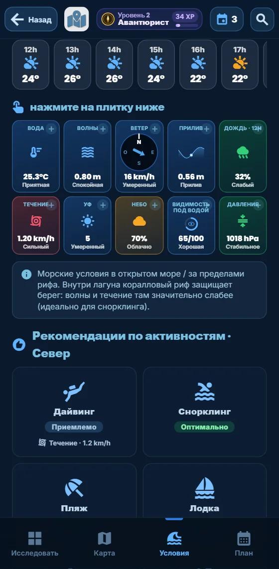 Почасовой вид приложения: погода, волны, ветер, течение, видимость и прилив по часам