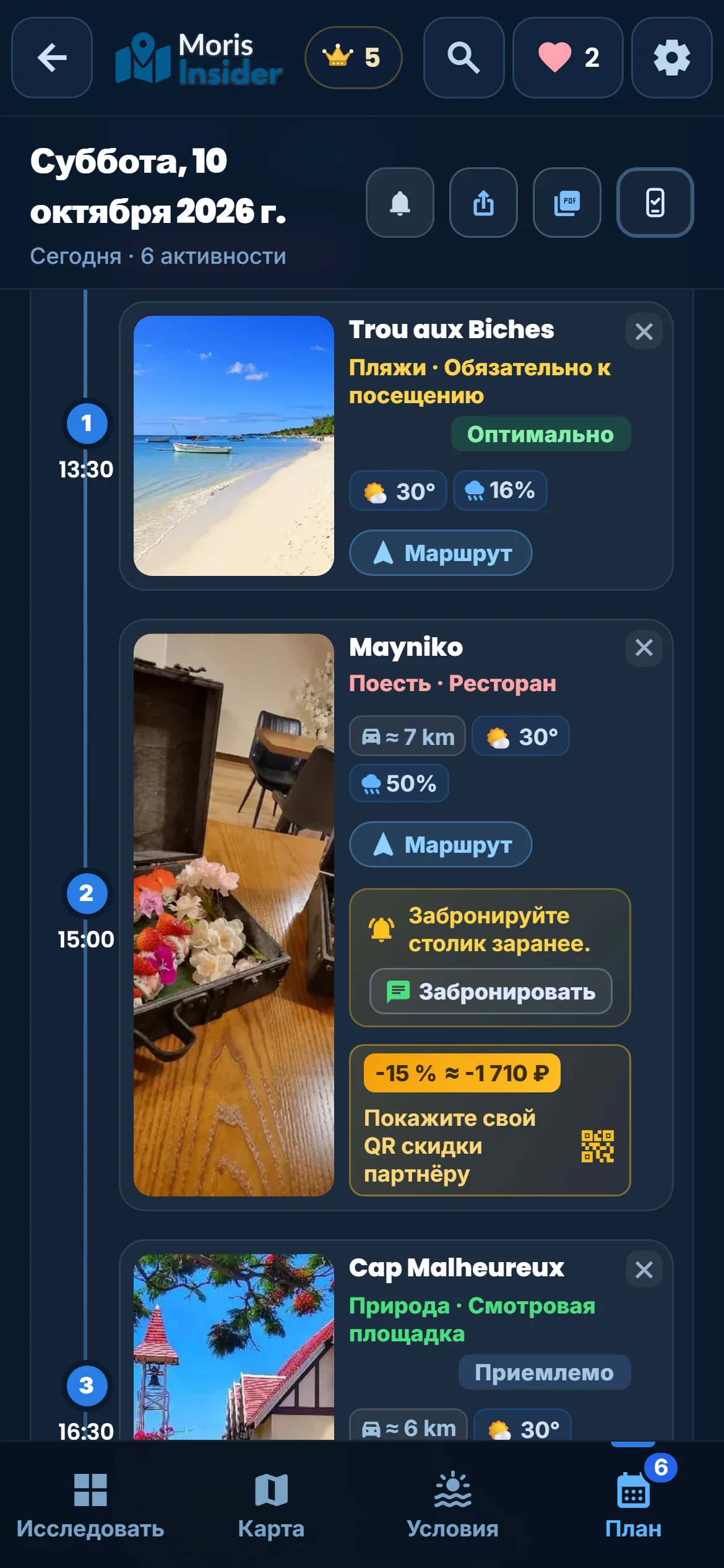 Ход дня — Ваши занятия одно за другим: дорога, погода и бронь, когда она нужна.