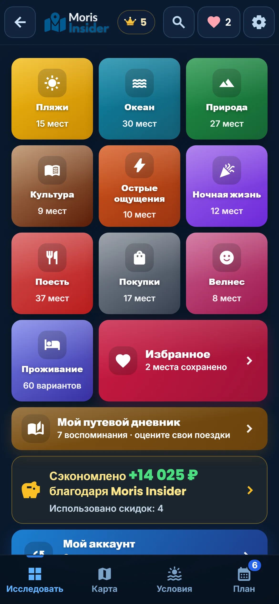Обзор мест — 225 отобранных мест с фильтром по настроению. Вы фильтруете, сравниваете и решаете.