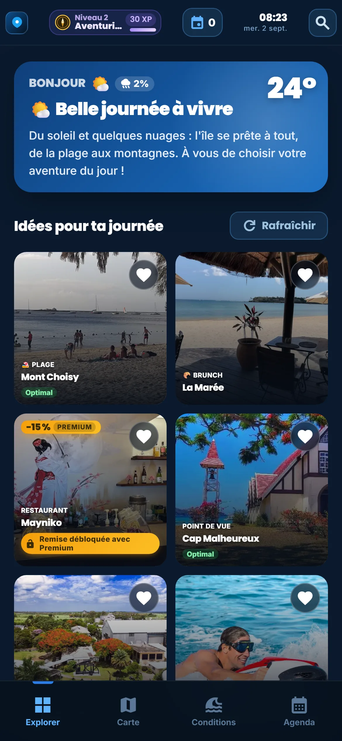 La home dell’app Moris Insider con la pastiglia del livello di viaggiatore e la sua barra di avanzamento
