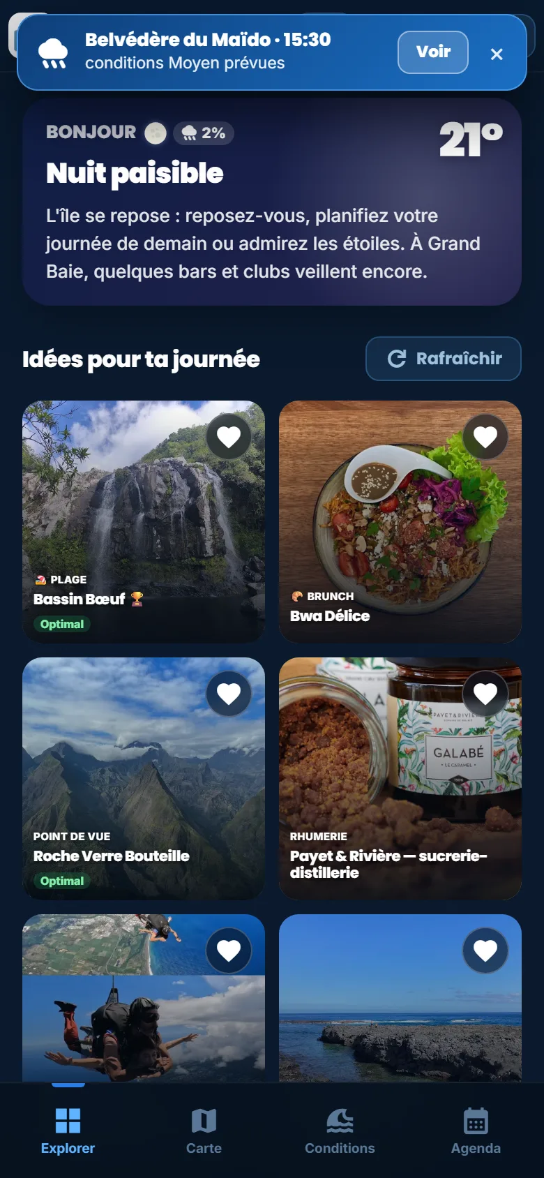 My day — Every morning the app reads the weather and suggests ideas: where to go, what to do, at what time.