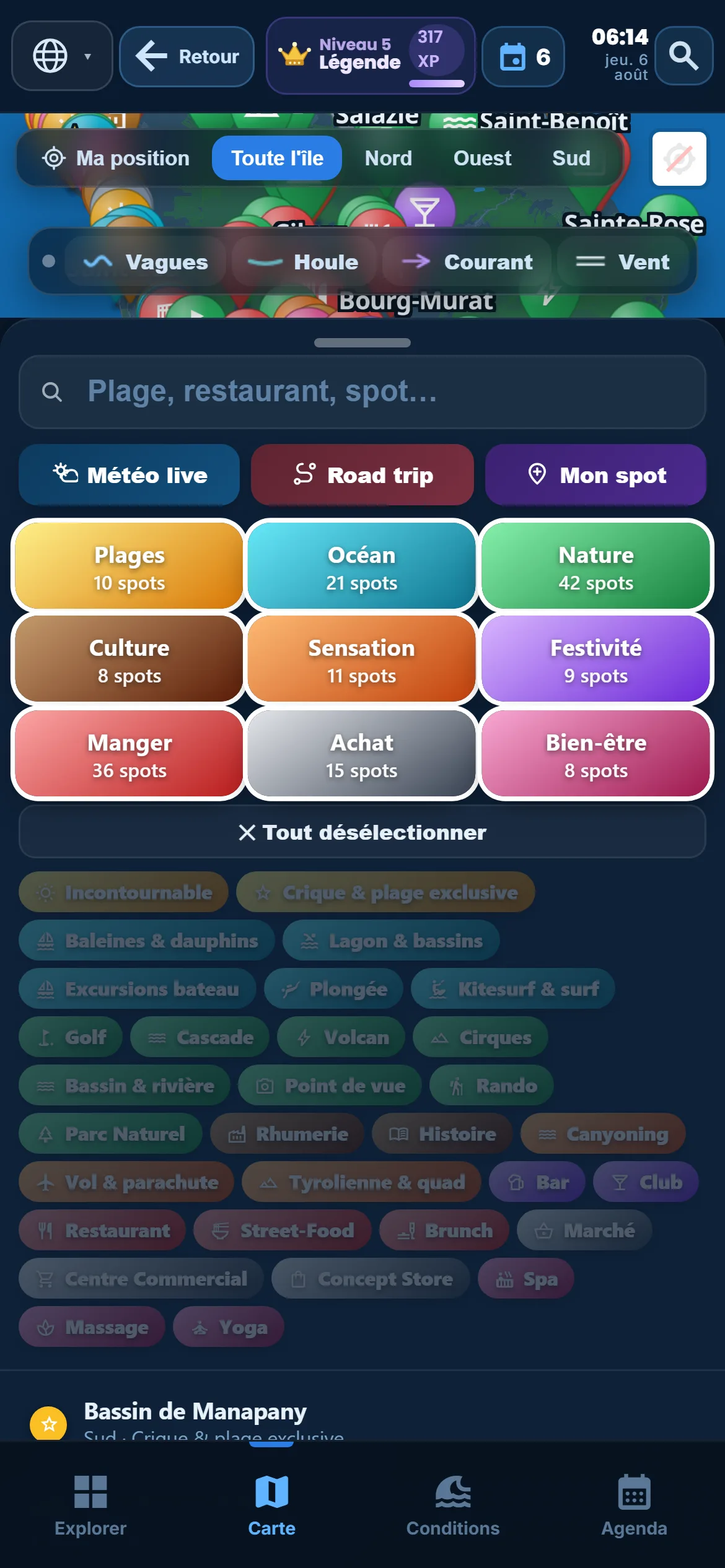 Sub-categories — Every category unfolds: under “Ocean”, keep snorkelling only.
