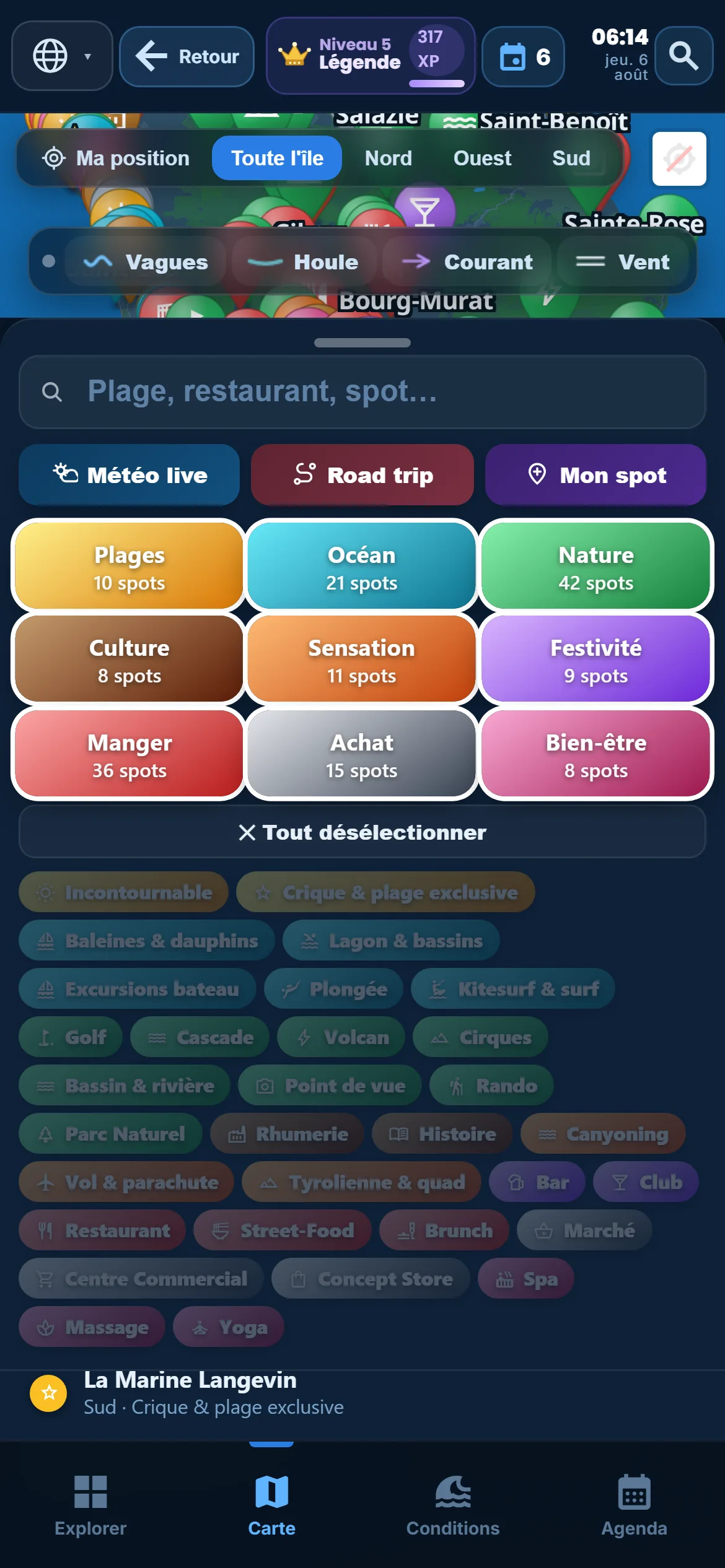 Sub-categories — Every category unfolds: under “Ocean”, keep snorkelling only.